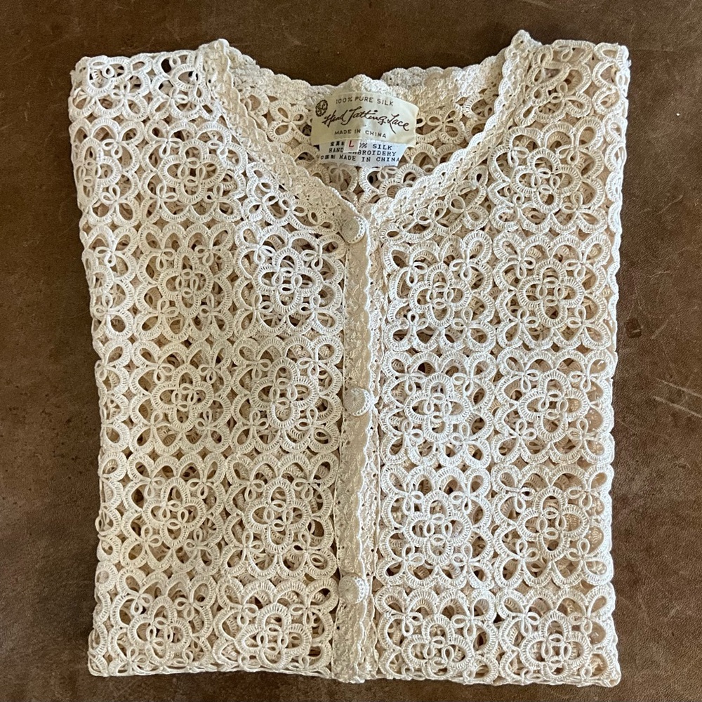 100% Lace Hand Tatting Six Covered Button Cardigan Open Weave Cream Color